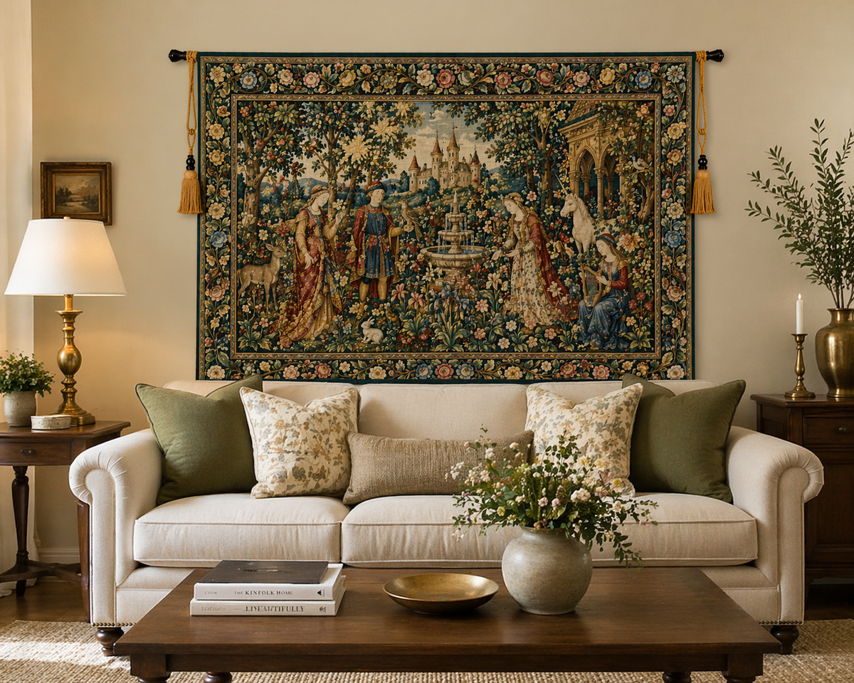 Vintage European Botanical Medieval Tapestry
