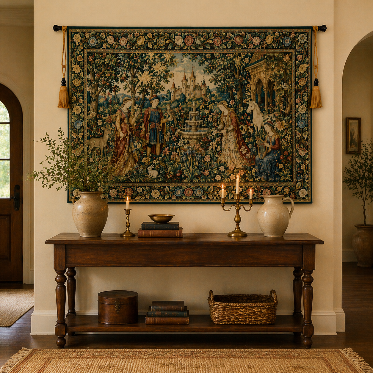 Vintage European Botanical Medieval Tapestry