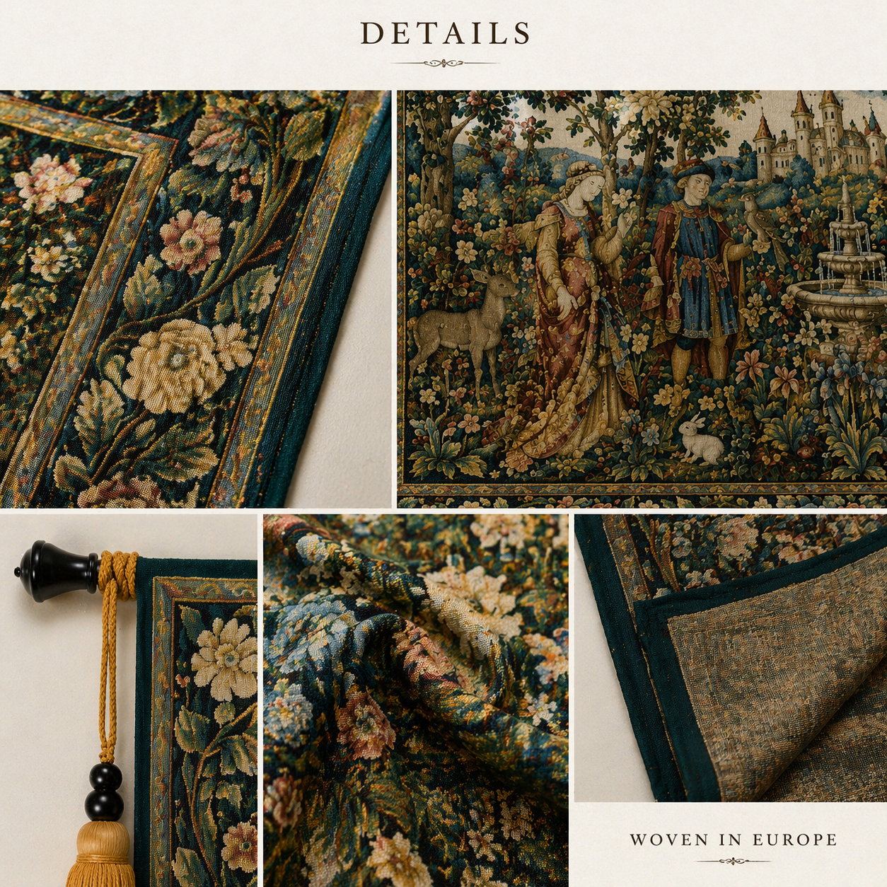 Vintage European Botanical Medieval Tapestry