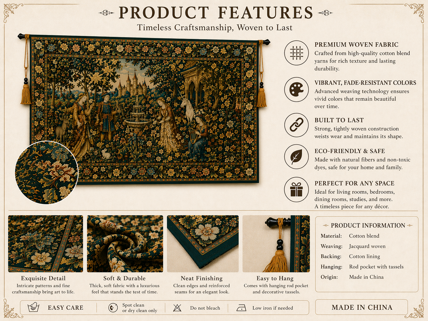 Vintage European Botanical Medieval Tapestry