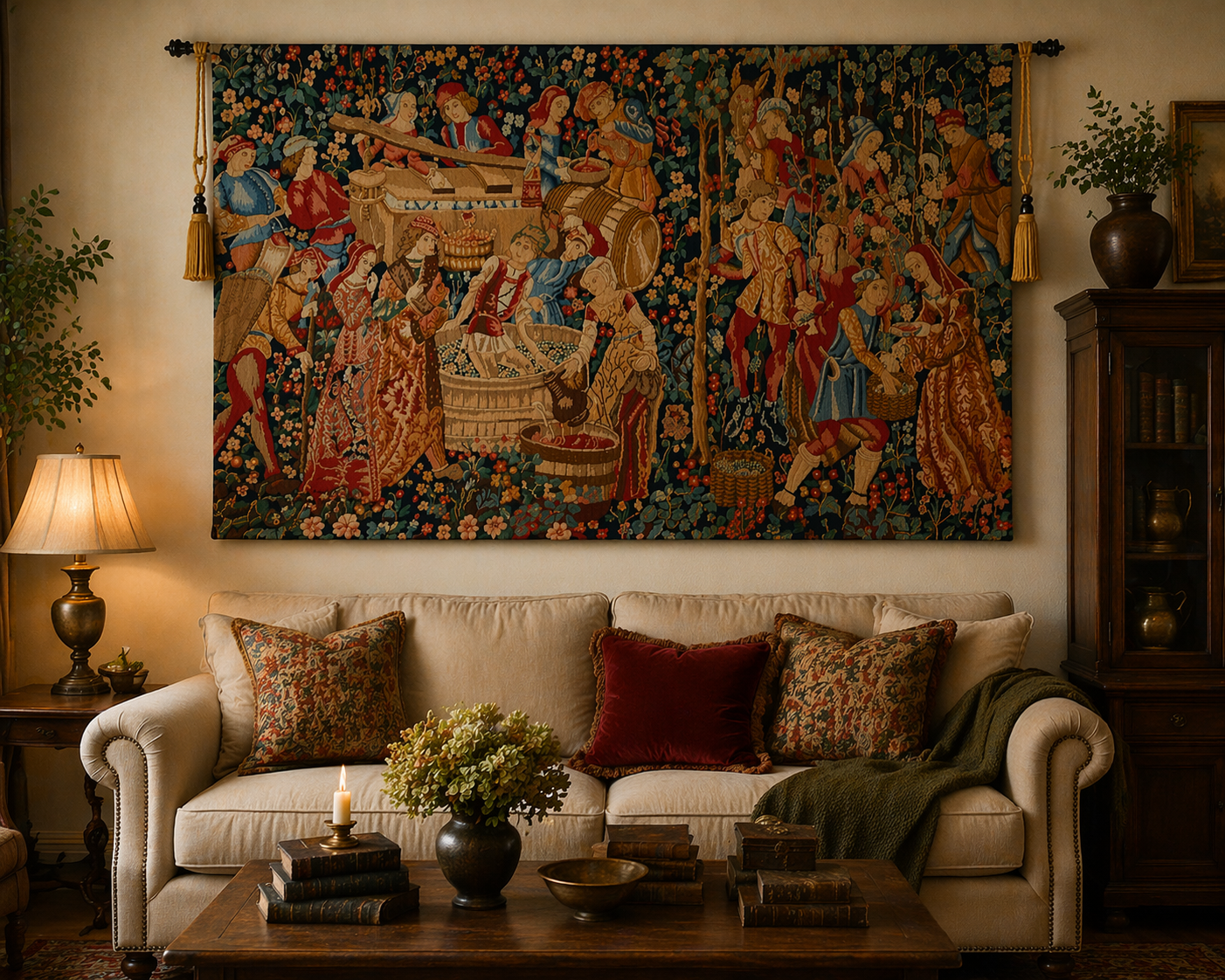 Vintage European Harvest Scene Tapestry