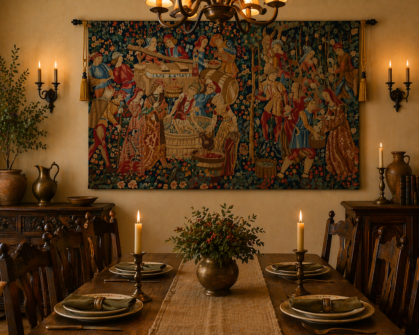 Vintage European Harvest Scene Tapestry